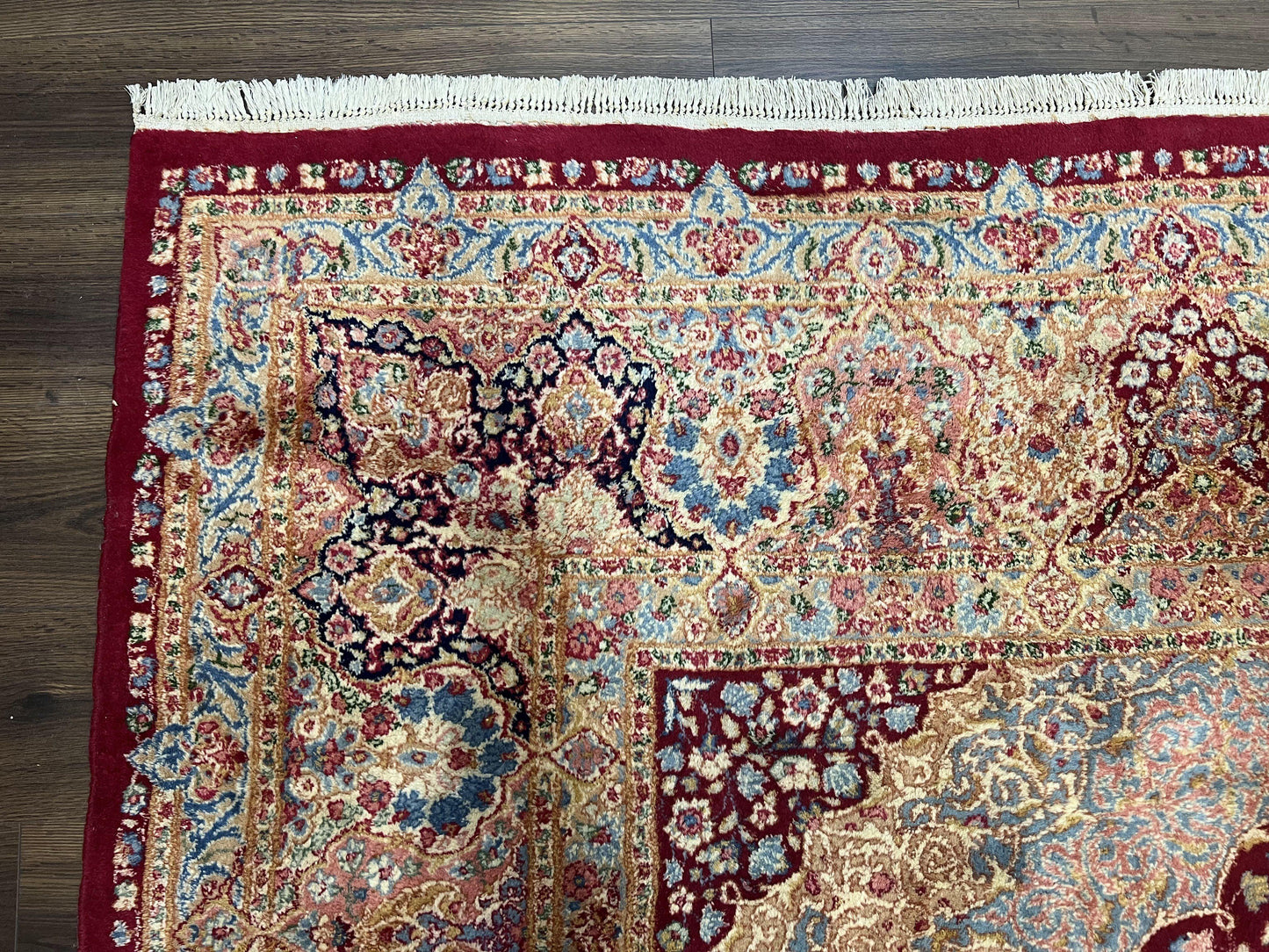 Persian Rug 9x12, Kirman DeLuxe, Millefleur Floral Medallion Carpet, Maroon Light Blue Beige, Semi Antique Authentic Hand Knotted Wool Rug
