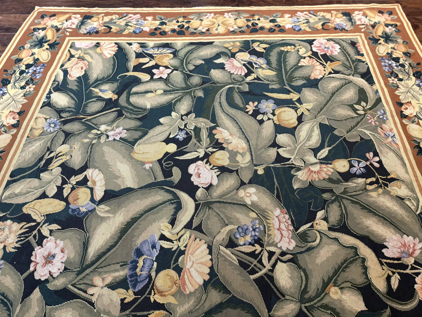 Needlepoint Rug 8x10, Vintage, Handmade, Wool, Green, Leaves & Fruits