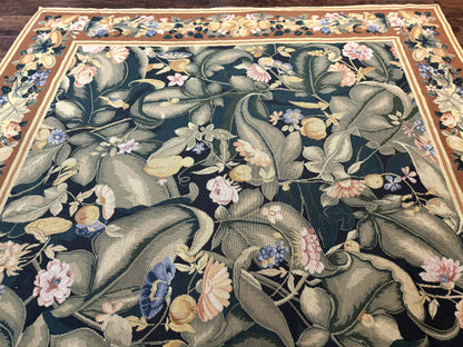 Needlepoint Rug 8x10, Vintage, Handmade, Wool, Green, Leaves & Fruits