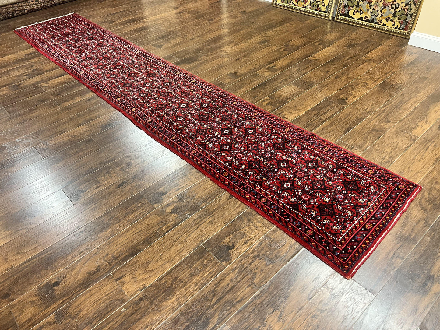 Persian Runner Rug 3 x 16, Wool Handmade Long Antique Hamadan Oriental Rug for Hallway, Red Tribal Rug, Allover Pattern, 3x16 Runner Rug