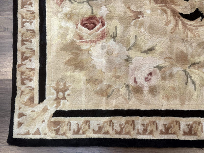 Aubusson Rug Chinese Wool 6x9 Black Floral Elegant Hand Knotted