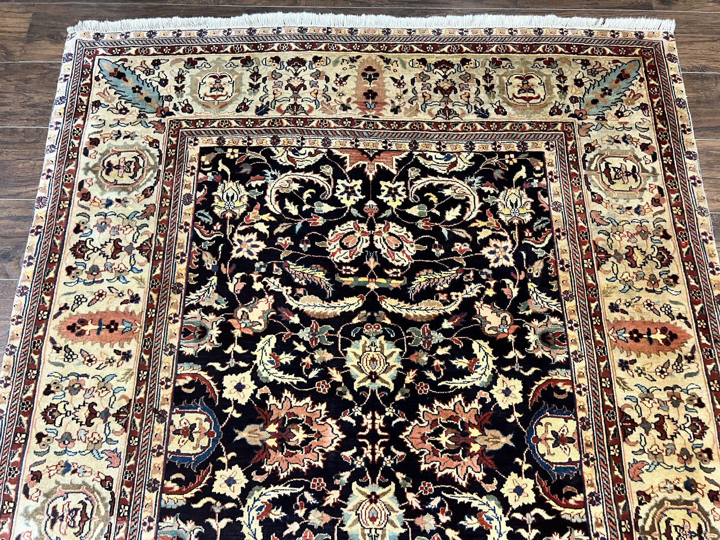 Indo Persian Rug 5x15, Wide Runner Rug 5 x 15 ft, Wool Hand Knotted Vintage Carpet, Black & Cream, Floral Allover Long Oriental Rug