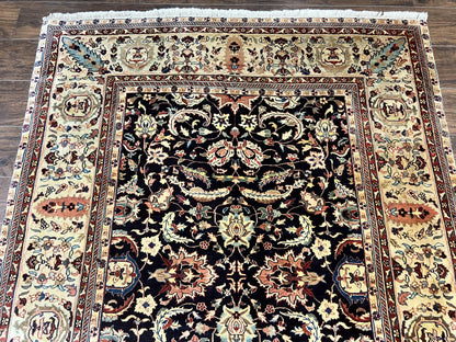 Indo Persian Rug 5x15, Wide Runner Rug 5 x 15 ft, Wool Hand Knotted Vintage Carpet, Black & Cream, Floral Allover Long Oriental Rug