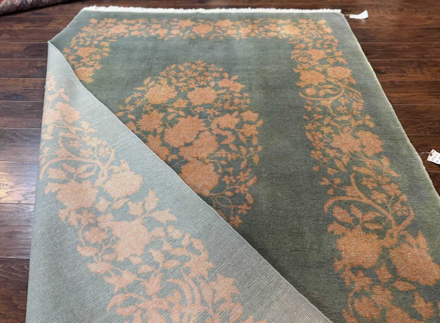Teal Chinese Wool Rug 6x8, Vintage Handmade Carpet, Floral, Semi Open Field