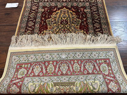 Wonderful Silk Turkish Hereke Prayer Rug 2.8 x 4.5, Tree of Life Design, Signature from Master Weaver, Gold and Burgundy, Handmade, 625 KPSI