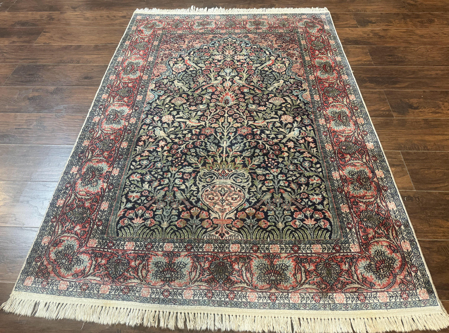 Kashmiri Silk Rug 4x6 Tree Of Life Birds Handmade Navy Red Oriental Carpet