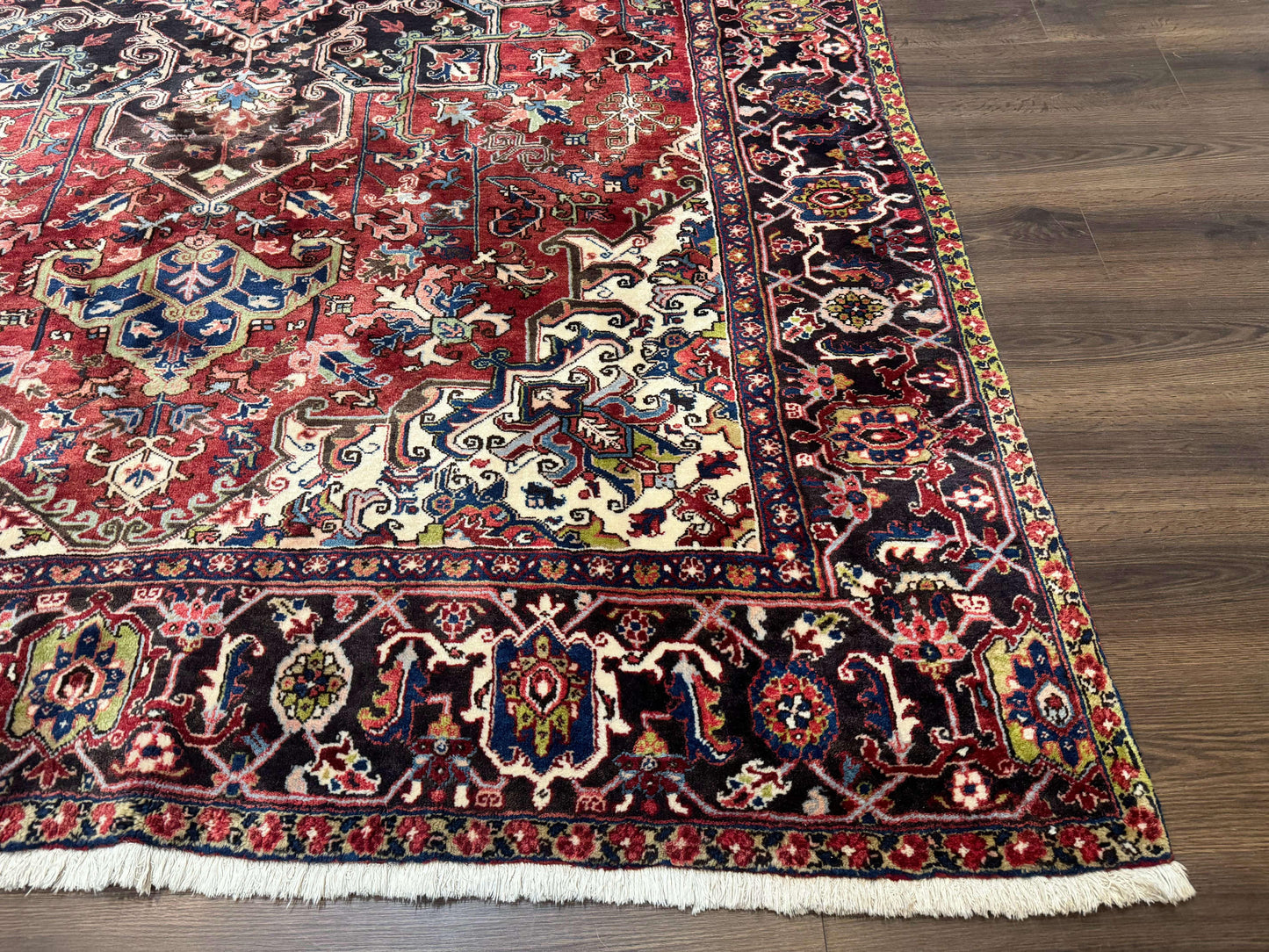 Antique Persian Heriz Rug 8x11, Geometric Tribal Wool Carpet, Brick Red