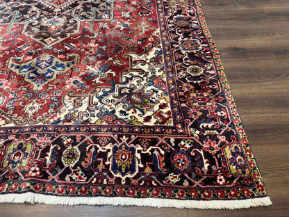 Antique Persian Heriz Rug 8x11, Geometric Tribal Wool Carpet, Brick Red