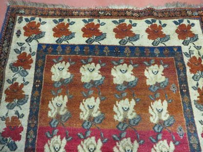 Turkish Floral Wool Rug Handmade Semi Antique 45x58 Inches
