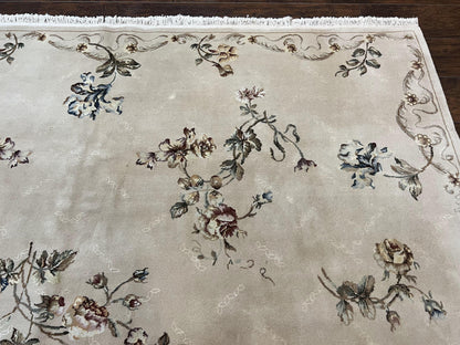 Handmade Chinese Aubusson Wool and Silk Rug 8x10 Vintage Beige Floral European Design
