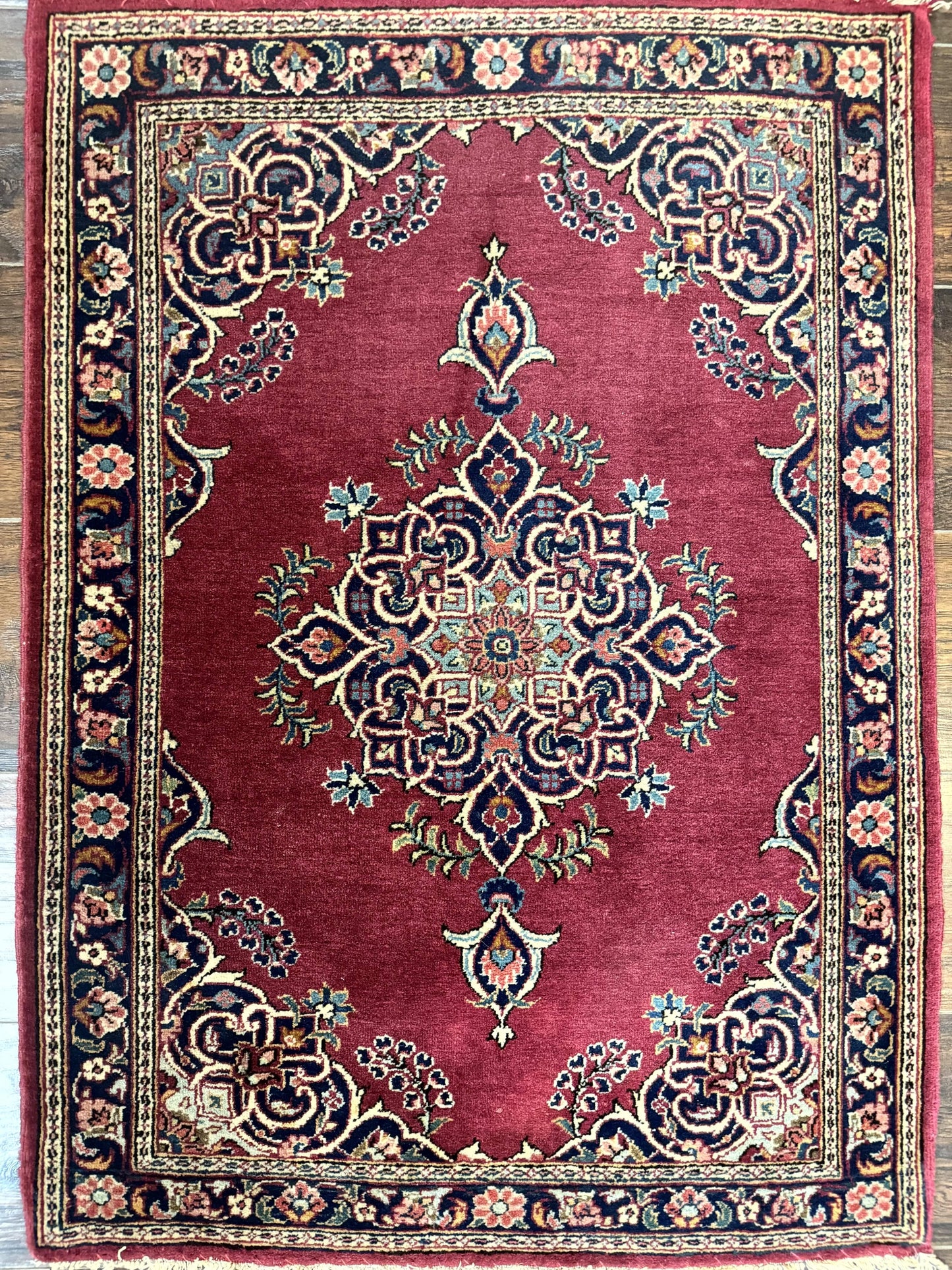 Persian Kashan Rug 2x3 Handmade Vintage Wool Semi Antique Red Navy Open Field