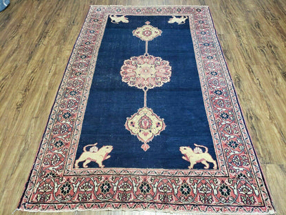 Turkish Ghiordes Wool Rug Antique 4x6 Handmade Lions Pattern With Vegetable Dyes