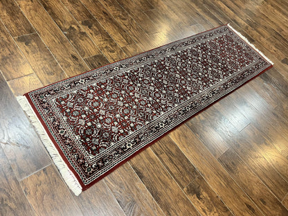 Indo Persian Runner Rug 2.7 x 8, Wool Hand Knotted Vintage Carpet, Red Black, Herati Allover Pattern, Oriental Runner, Rug for Hallway