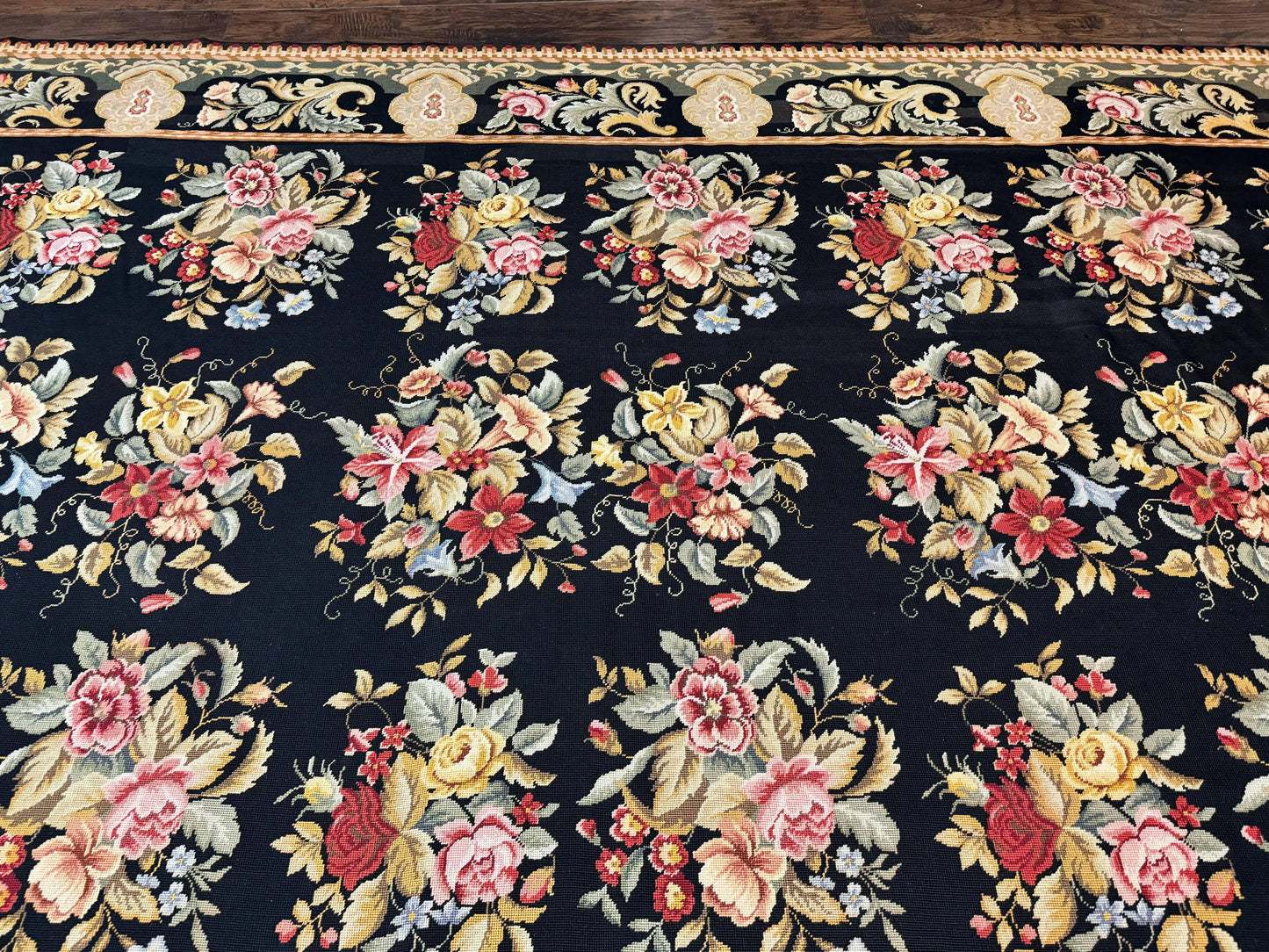 Palace Size Needlepoint Rug 12x16 Handmade Wool Floral Panel Black and Colorful