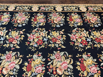 Palace Size Needlepoint Rug 12x16 Handmade Wool Floral Panel Black and Colorful