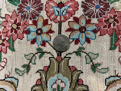 Silk Persian Tabriz Round Rug 3x3 Ft Hand Knotted Carpet Cream Gold Floral Birds