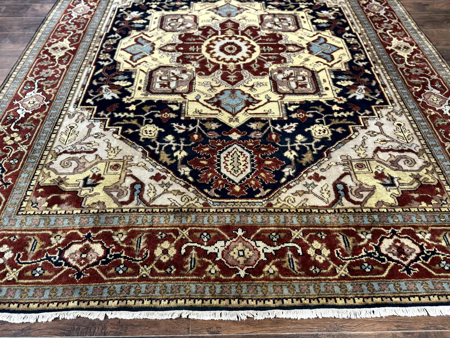 Indo Persian Heriz Rug 8x10, Geometric Medallion, Serapi Carpet, Wool Vintage Rug