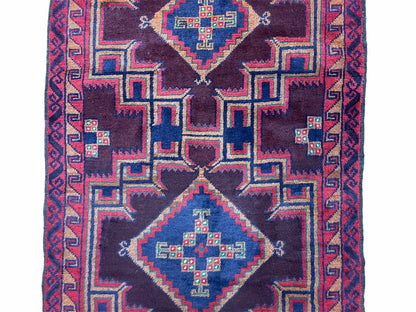 Balouchi Wool Rug Vintage Handmade Afghan Tribal Geometric 2ft11in By 4ft6in