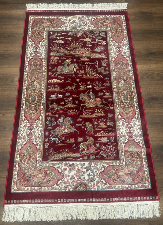 Turkish Silk Rug 3x5 Hunting Design Dark Red Ivory Bamboo Silk Area Rug
