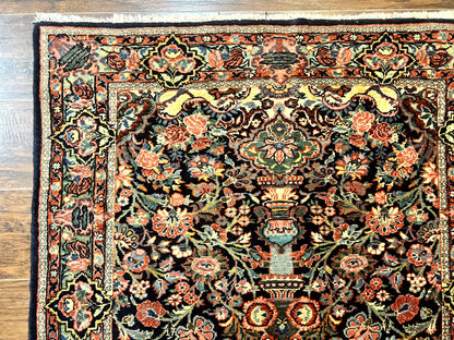 Persian Saoruk Rug 4x5 Navy Blue Red Floral Antique Wool Carpet Handmade