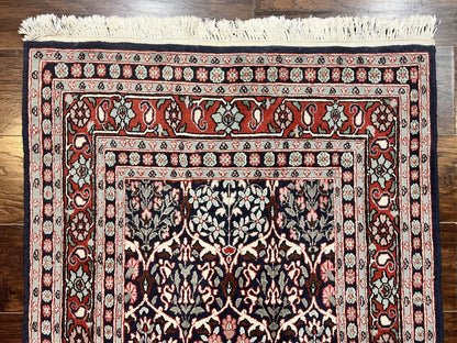 Pak Persian Rug 3x4, Wool Hand Knotted Vintage Traditional Carpet, Navy Blue & Red, Very Fine Small Handmade Floral Rug