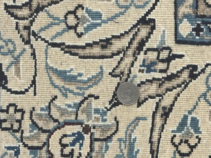 Persian Nain Rug 8x11, Navy Blue and Ivory, Handmade Wool Vintage Carpet, Floral Medallion