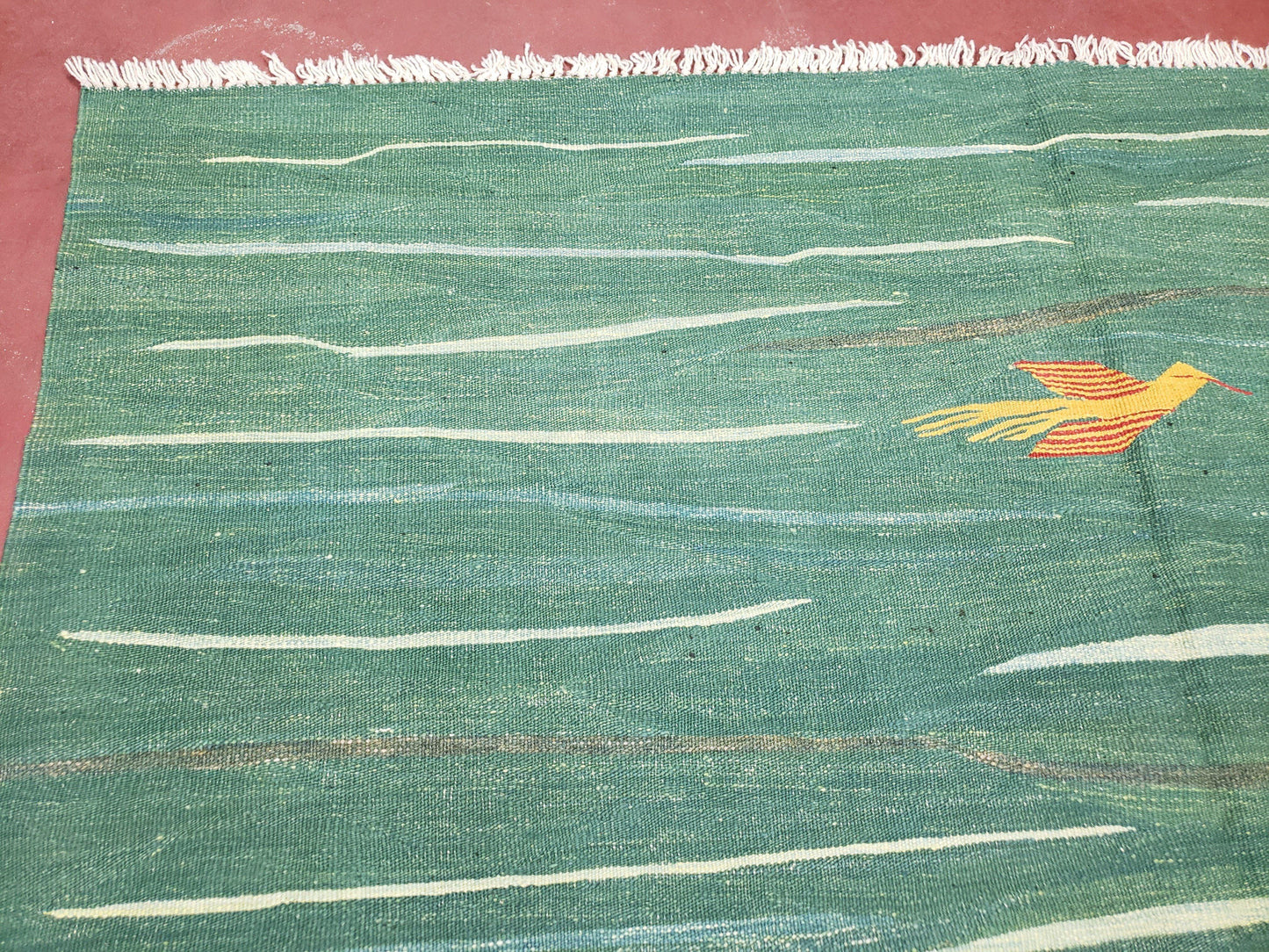 Green Turkish Kilim Rug, 6x9 - 7x10 Rugs, Bird, Handmade New Area Rug, Wool, Bohemian Boho Decor, Hand Woven, Modern Abstract Flat Weave Rug