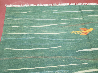 Green Turkish Kilim Rug, 6x9 - 7x10 Rugs, Bird, Handmade New Area Rug, Wool, Bohemian Boho Decor, Hand Woven, Modern Abstract Flat Weave Rug