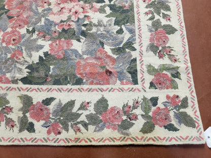 Needlepoint Rug 5 Foot 4 Inch By 8 Foot 3 Inch Wool Flat Weave Floral Ivory Pink Flowers Green Leaves