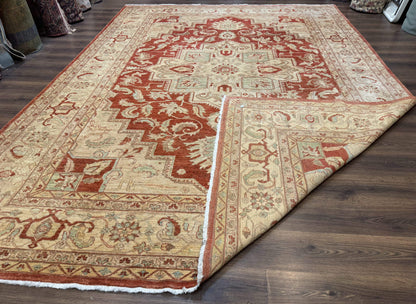 Turkish Heriz Serapi Rug 9x13 Geometric Medallion Hand Knotted Wool Vintage Area Rug