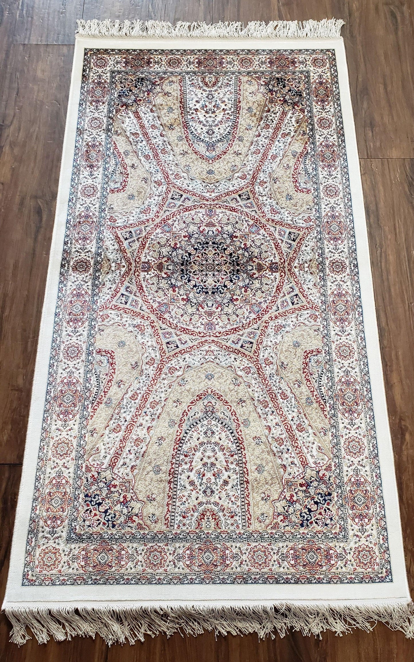 Turkish Silk Rug Beige and Cream 3x5 Ft Soft Accent Bamboo Silk Persian Design