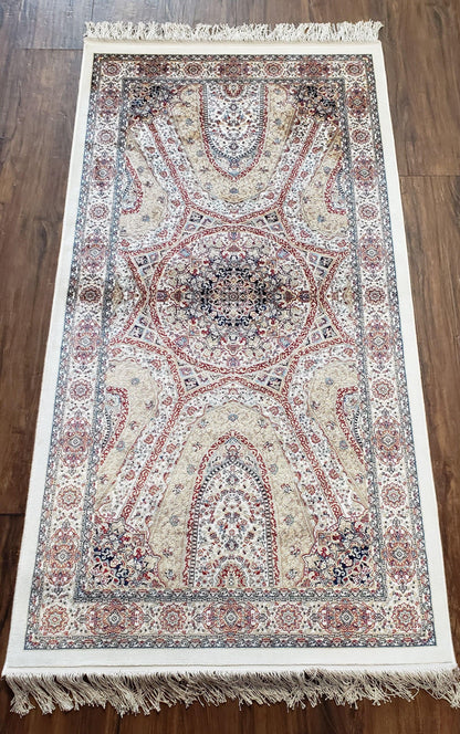 Turkish Silk Rug Beige and Cream 3x5 Ft Soft Accent Bamboo Silk Persian Design