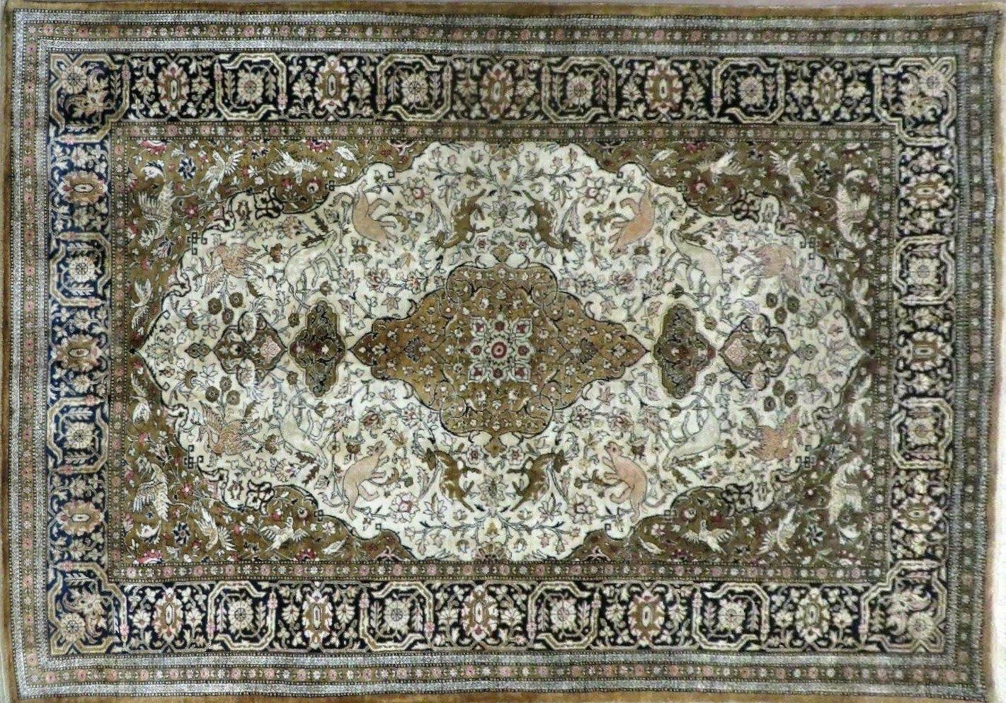 Handmade Chinese Silk Rug Deer And Birds Hand Knotted One Of A Kind 3 By 5