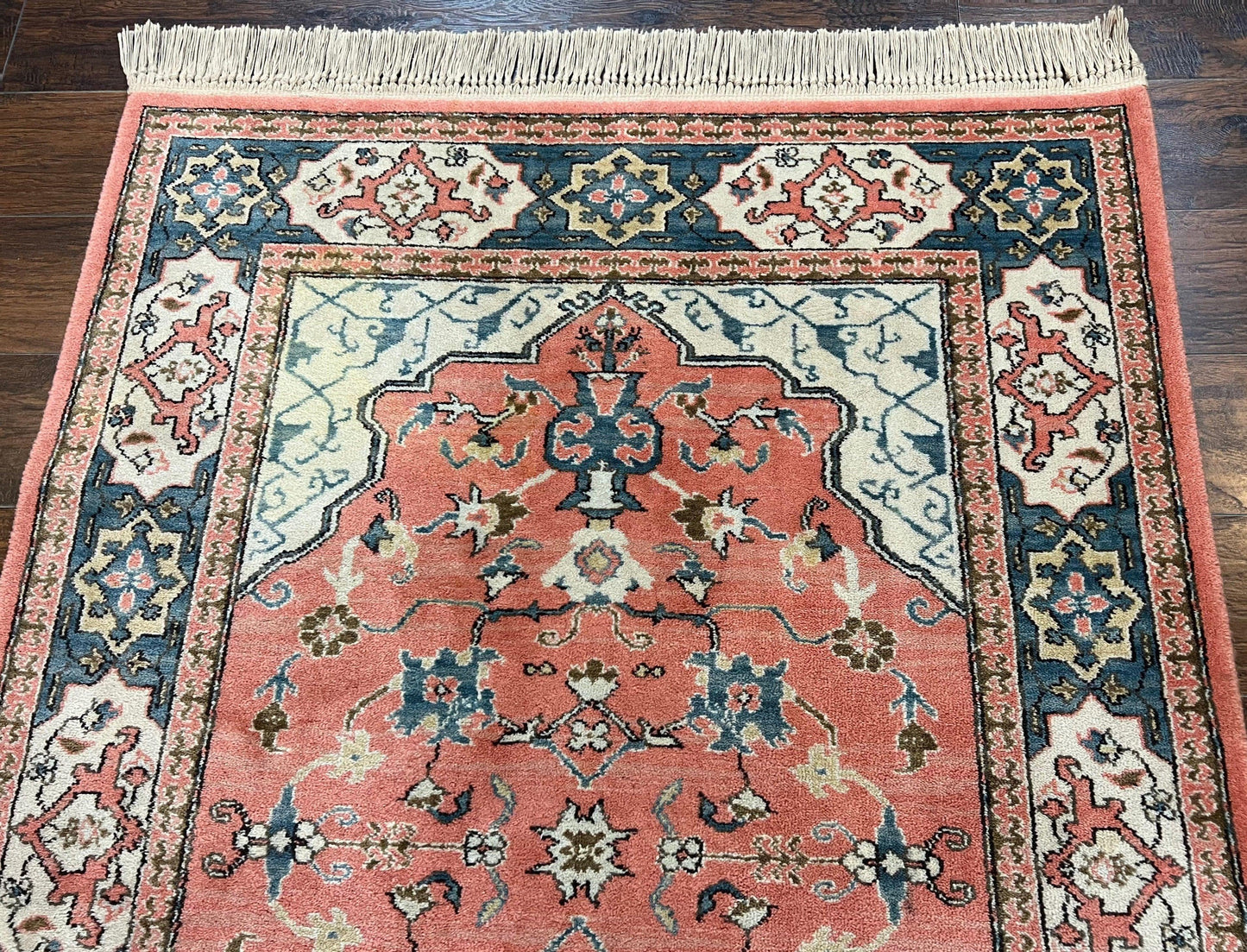 Karastan Rug 4x6 Bergama Design #737, Karastan Area Rug, Vintage Wool Karastan Carpet, Original Collection 700 Series, Salmon Red Light Blue