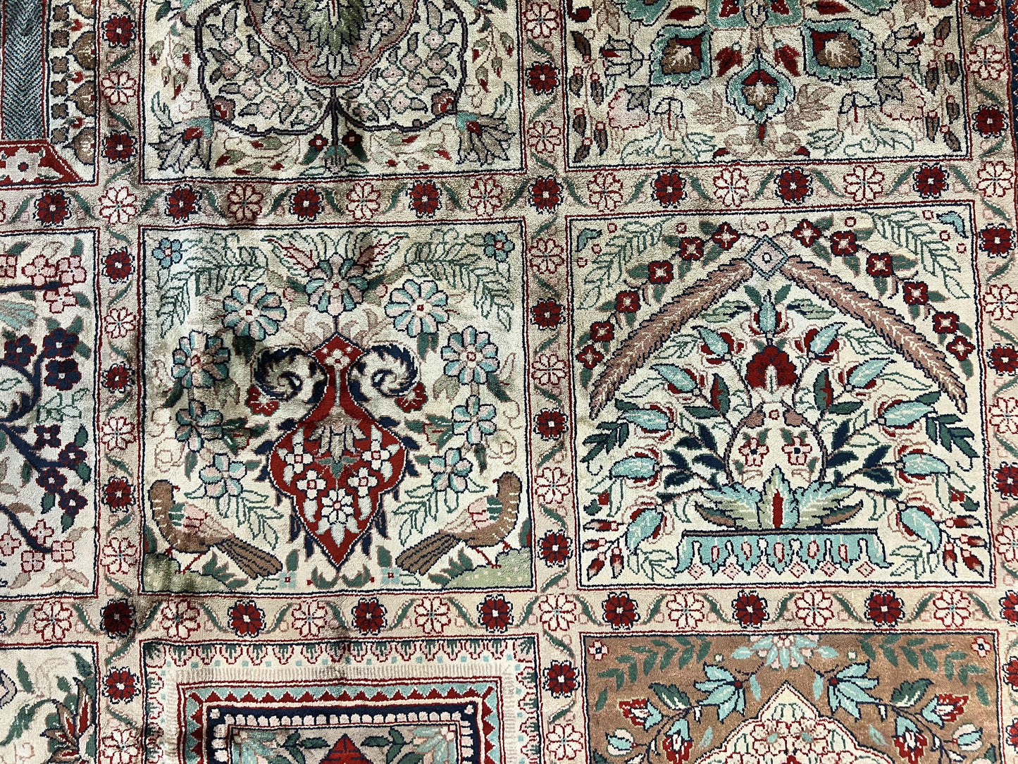 Silk Sino Persian Rug 9x12, Panel Design, Garden of Eden Pattern, Fine 200 KPSI, Hand Knotted Room Sized Silk Carpet, Vintage