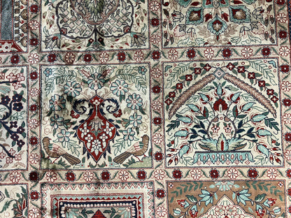 Silk Sino Persian Rug 9x12, Panel Design, Garden of Eden Pattern, Fine 200 KPSI, Hand Knotted Room Sized Silk Carpet, Vintage