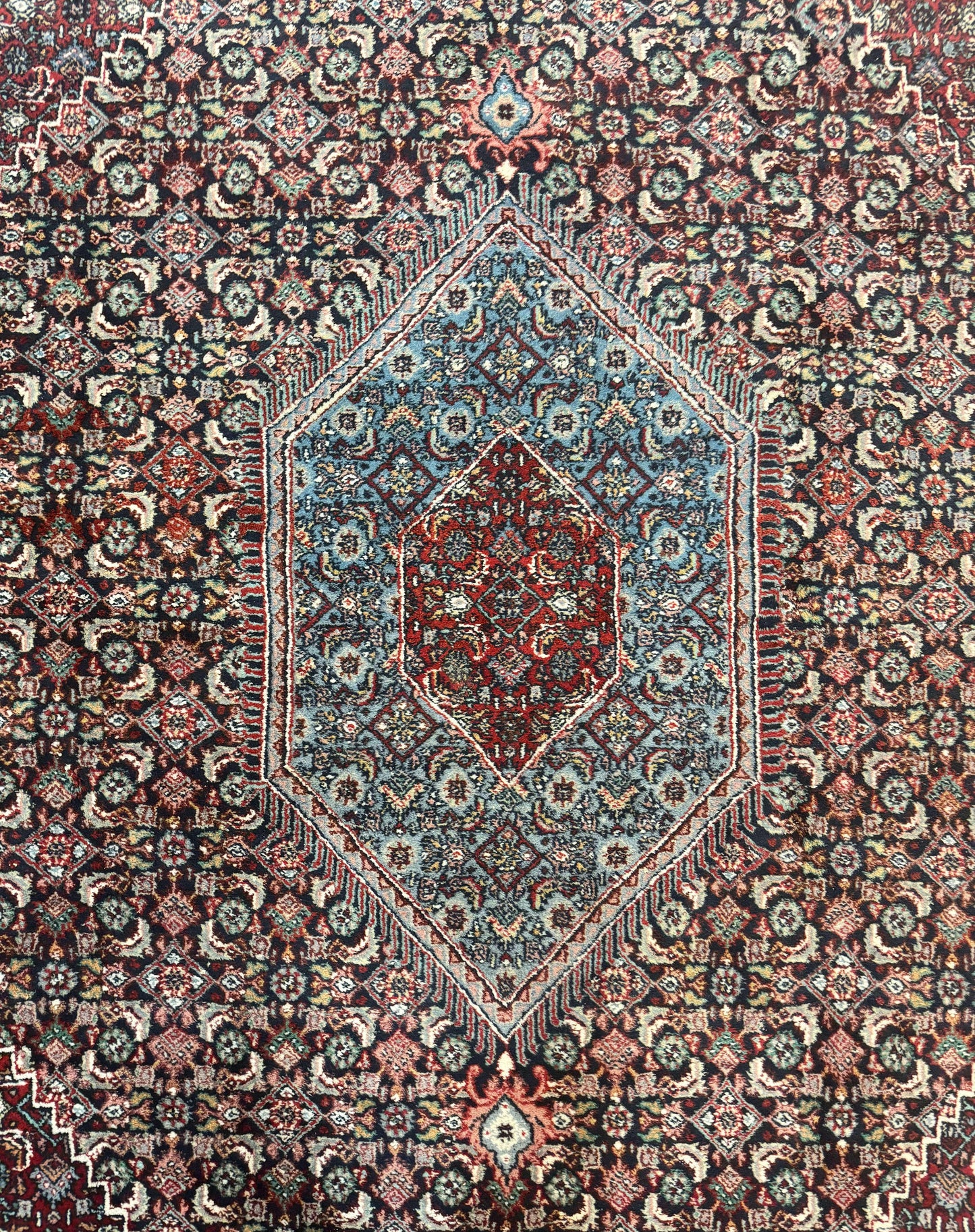 Indo Persian Bidjar Rug 8x11, Herati Mahi Pattern, Red Navy Blue, Handmade Vintage Wool Carpet