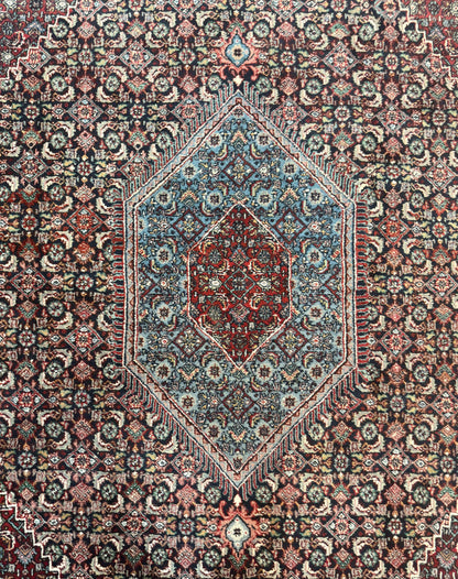 Indo Persian Bidjar Rug 8x11, Herati Mahi Pattern, Red Navy Blue, Handmade Vintage Wool Carpet
