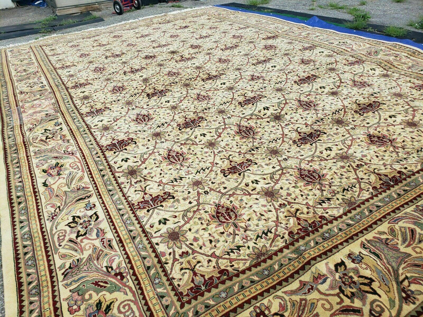 Vintage Indian Agra Hand Knotted Wool Rug 12x18 Organic Dyes Floral Pattern