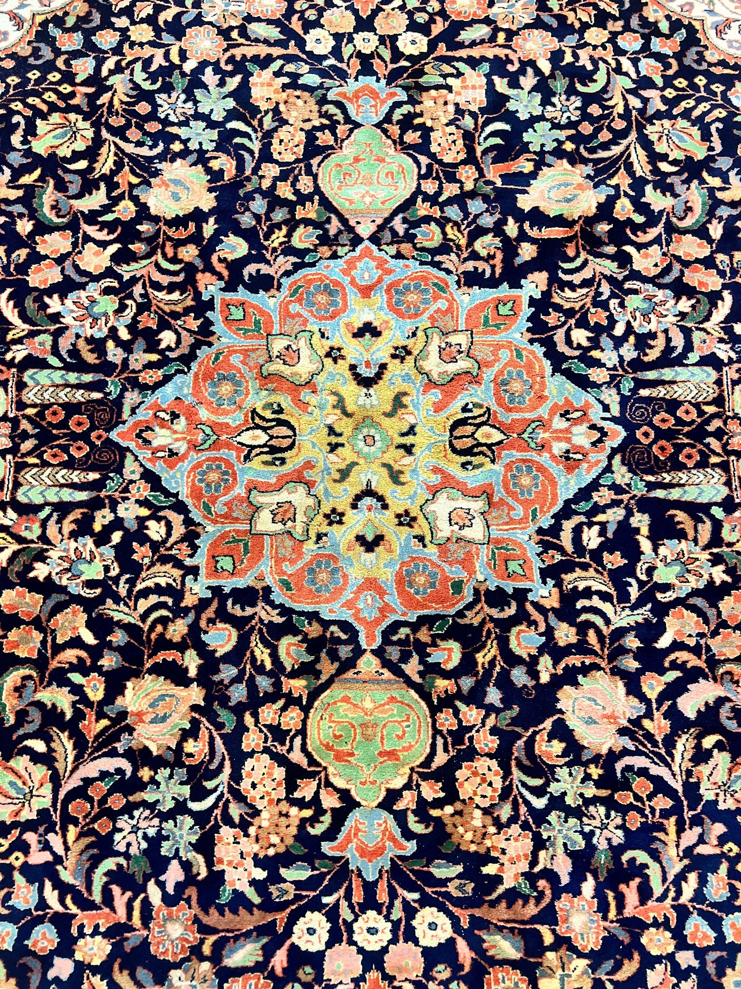 Indo Persian Rug 8x10 Handmade Wool Floral Medallion Midnight Blue Red Vintage Carpet