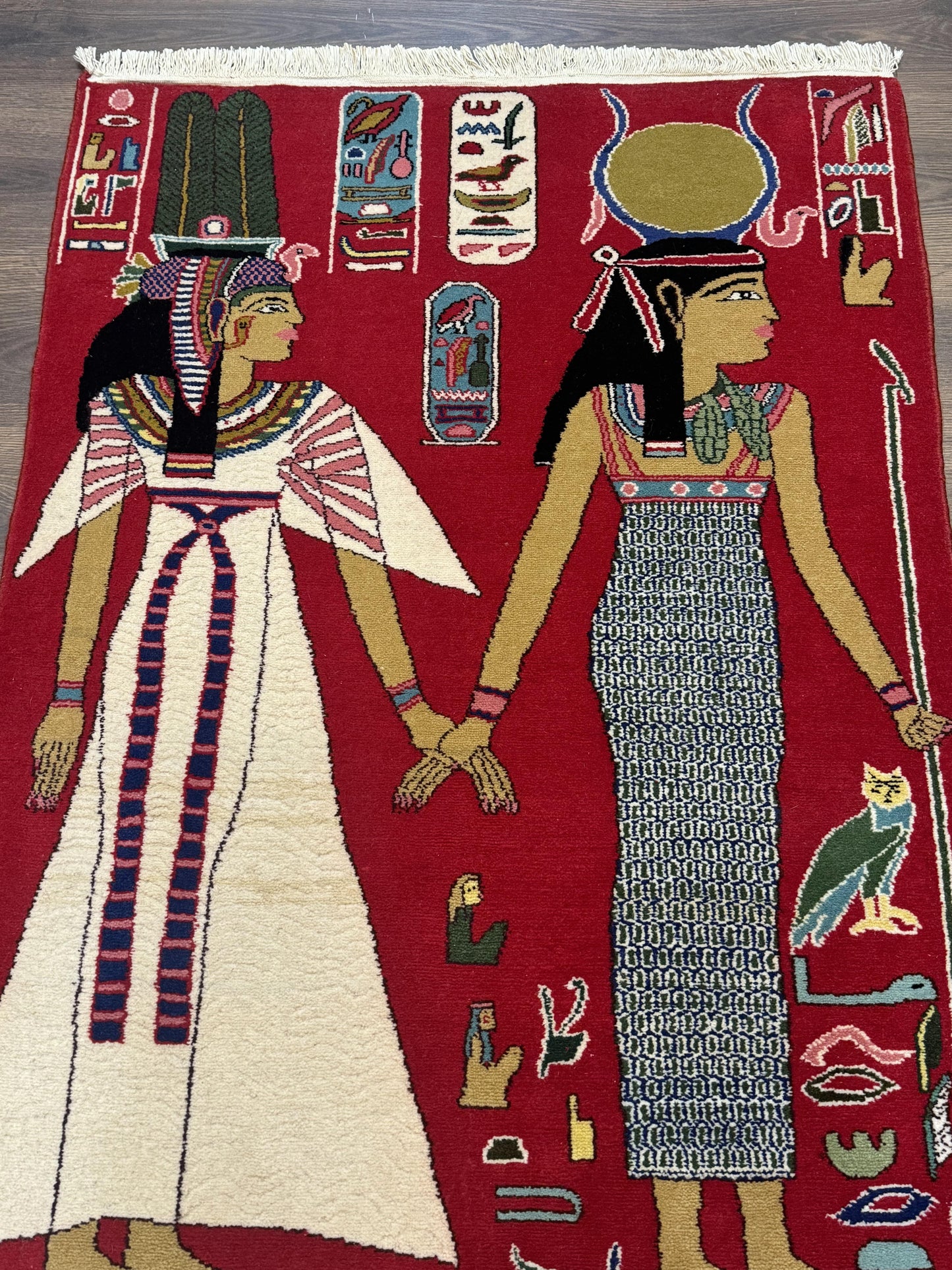 Egyptian Pictorial Rug 3x4, Hieroglyphic Pictorial Rug, Egyptian Prince and Princess, Cleopatra, Vintage Handmade, Red