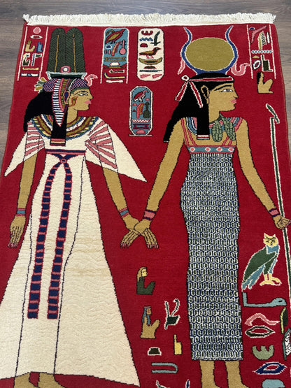 Egyptian Pictorial Rug 3x4, Hieroglyphic Pictorial Rug, Egyptian Prince and Princess, Cleopatra, Vintage Handmade, Red