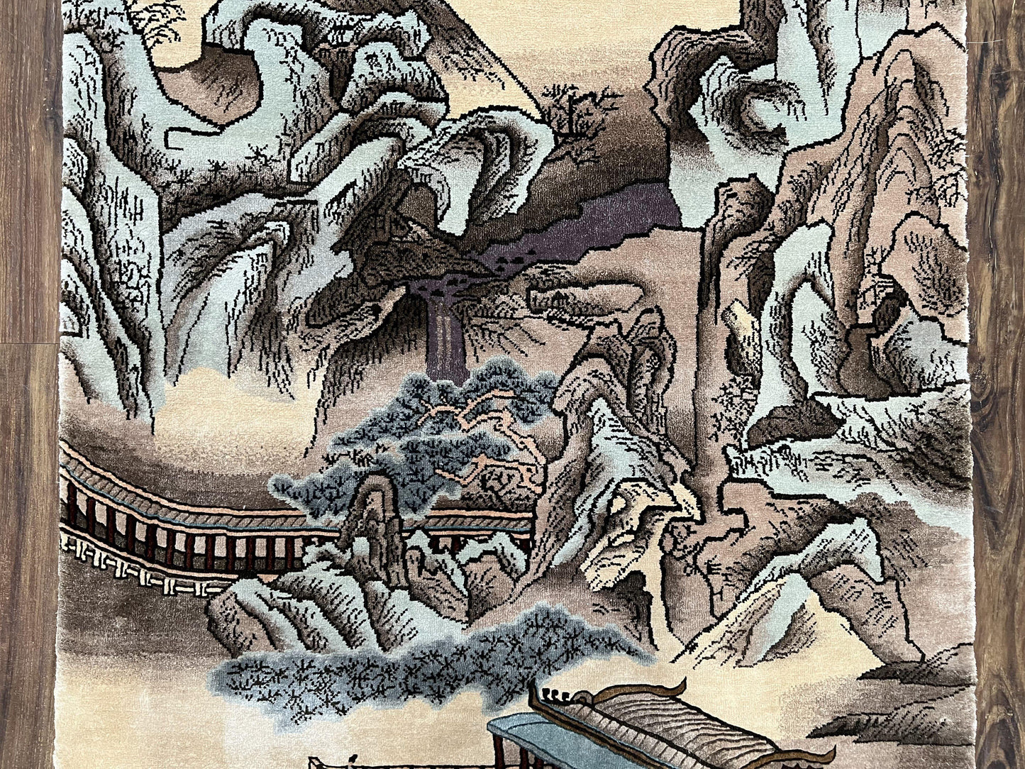 Silk Chinese Wall Hanging Rug 3x6 ft Tapestry, Pagoda Scene, Pictorial, High Quality Fine Hand Knotted Vintage, Asian Oriental Handmade Nice