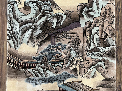 Silk Chinese Wall Hanging Rug 3x6 ft Tapestry, Pagoda Scene, Pictorial, High Quality Fine Hand Knotted Vintage, Asian Oriental Handmade Nice