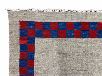 Geometric Kilim Rug Handmade Wool Hand Knotted Gray Blue Red Checkerboard