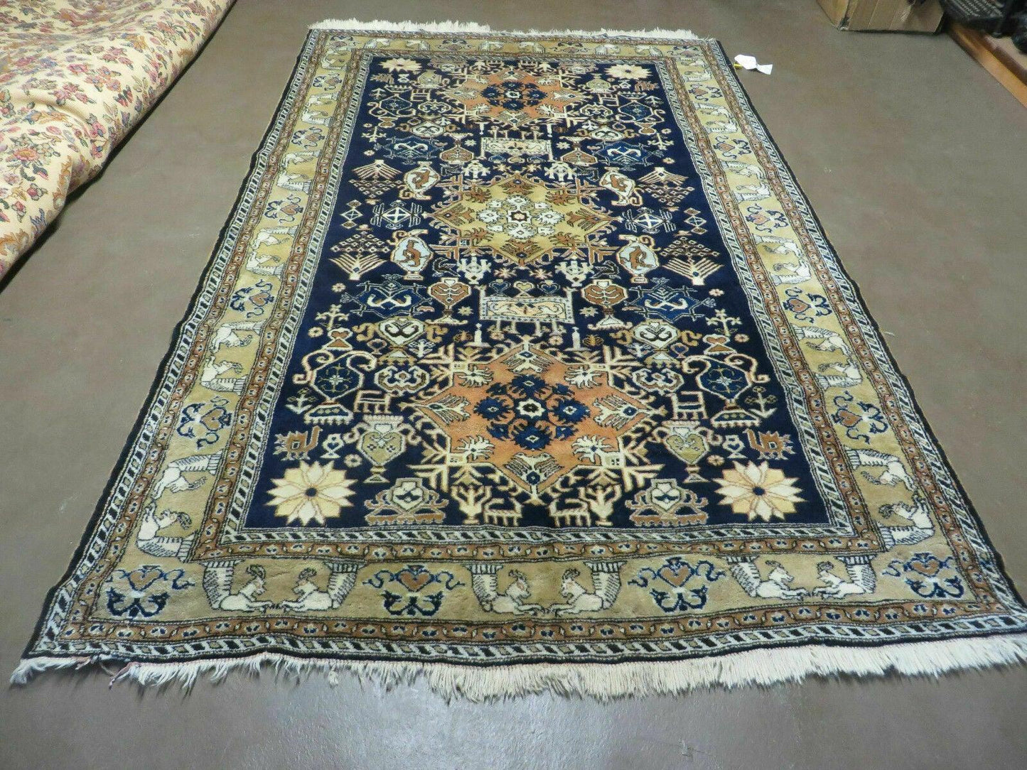 Persian Qum Rug Five Foot Six By Eight Foot Eight Navy Blue Vintage 1960s Cleaned