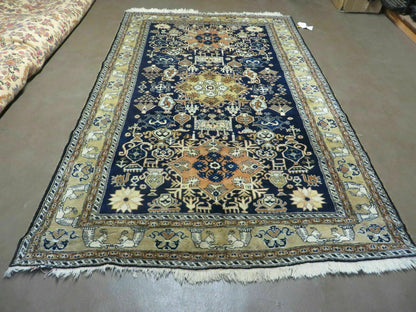 Persian Qum Rug Five Foot Six By Eight Foot Eight Navy Blue Vintage 1960s Cleaned
