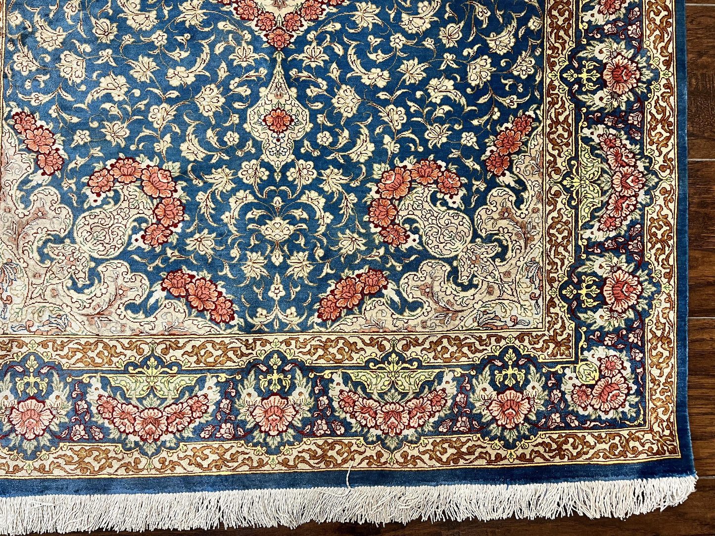 Magnificent Persian Qum Silk Rug 3x5, Blue, Super Fine 675 KPSI - 70 Raj, Floral Roses, Handmade Vintage Silk Carpet, Masterpiece