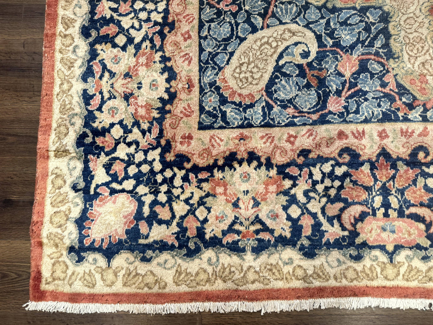 Antique Persian Sarouk Rug 9x12 With Boteh Paisley Medallion Navy Border