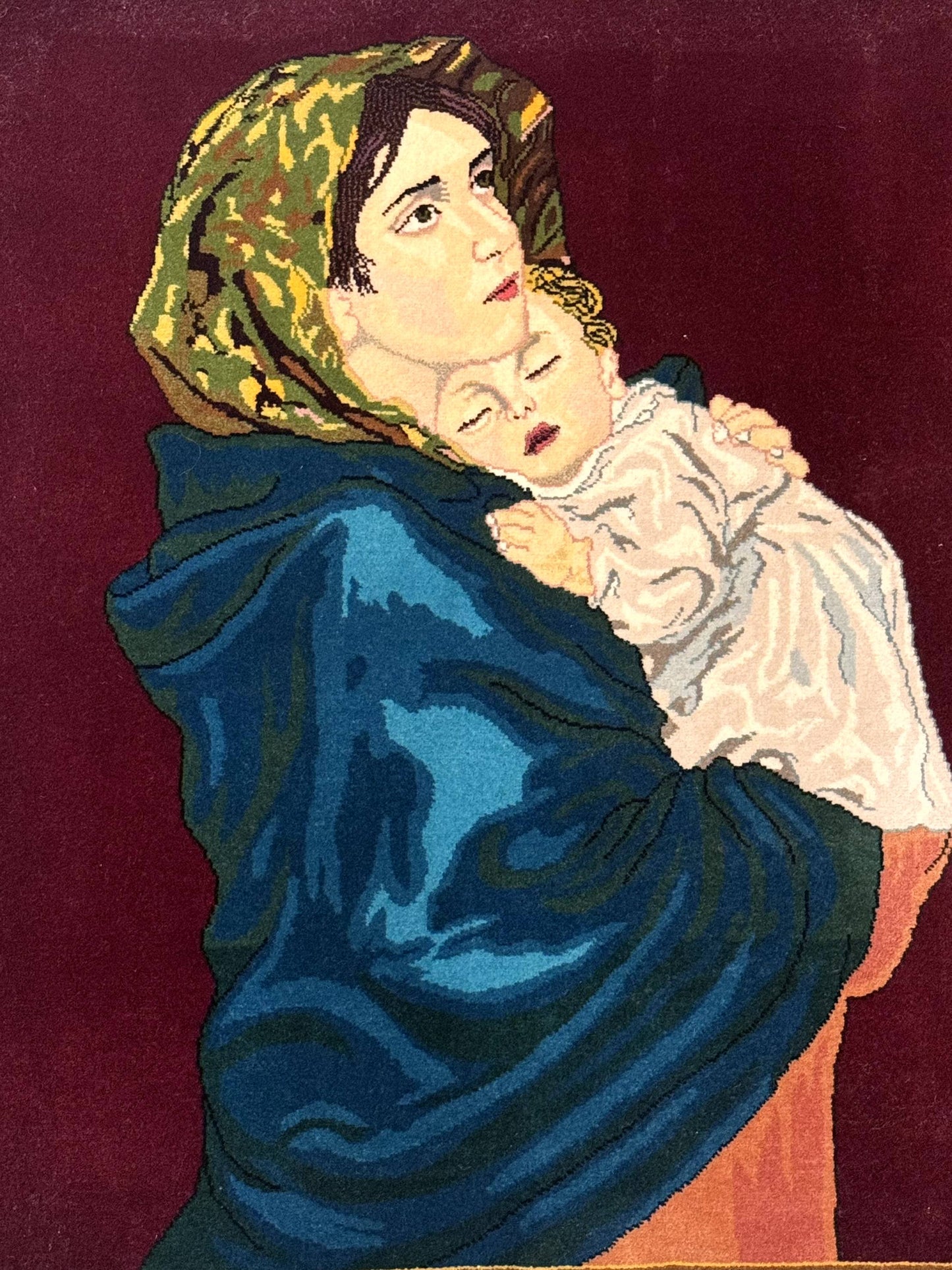 Small Persian Tabriz Pictorial Rug 2x2, Mother Holding Child, Very Fine 340 KPSI, Maroon